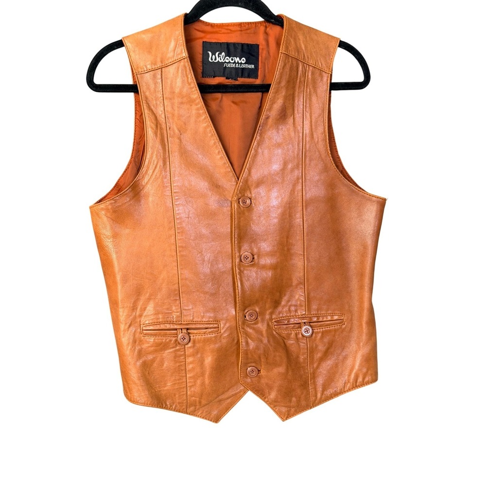 Wilsons Leather Vest 40 Tan Button Front Genuine Leather Lining